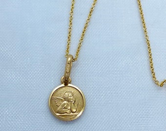 Guardian Angel Pendant, 8mm, 10K Solid Gold, Italian Religious Jewelry