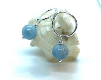 Natural Aquamarine Earrings Sterling Silver, 10mm Round Natural Aquamarine Gemstone, Handmade Montréal, March Birthstone, Gift for Her