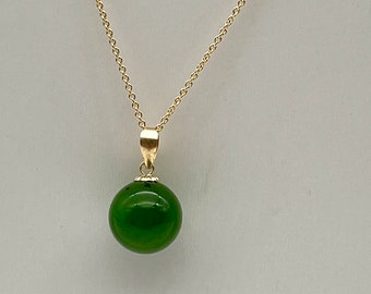 18K Gold Jade Necklace, 9mm Round Natural Nephrite Jade Pendant, Canadian BC Jade, Birthday Gift for Women, Mother’s Day Gift