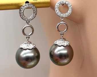 Tahitian Pearl Diamond Earrings, 14K White Gold Earrings, AAA Black Pearl Quality, Birthday Gift for Wife, Christmas Presents