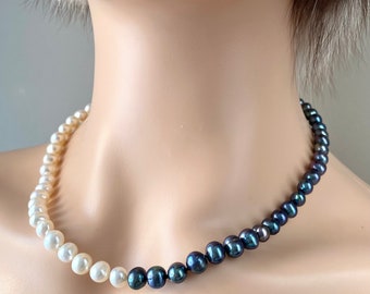 Black and White Pearl Necklace, Man Pearl Necklace, Freshwater Pearl Necklace, Birthday Gift for Women, Pearl Jewelry for Men