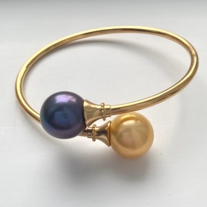 Pearl Bangle For Women, 18K Solid Gold Bangle, 12.5mm Golden South Sea Pearl and 12.5mm Freshwater Pearl, Valentine’s Day Gift