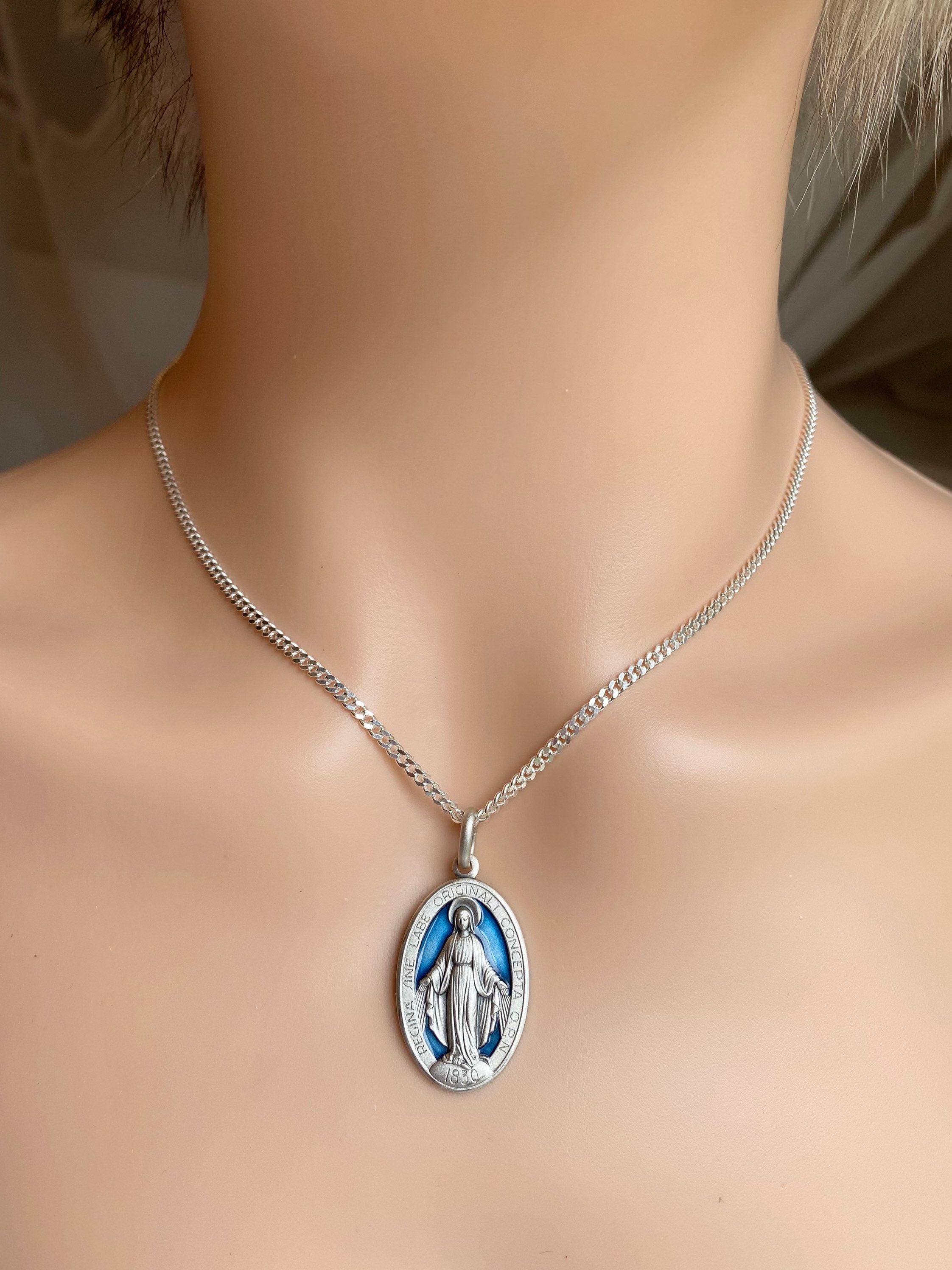 Our Lady of Miraculous, 28mm, Virgin Mary Necklace, Sterling Silver ...