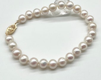 Pearl Bracelet Solid Gold, 14K White Pearl Bracelet, 6.5-7mm Pearls, June Birthstone, Birthday Gift for Wife, Christmas Gift for Women