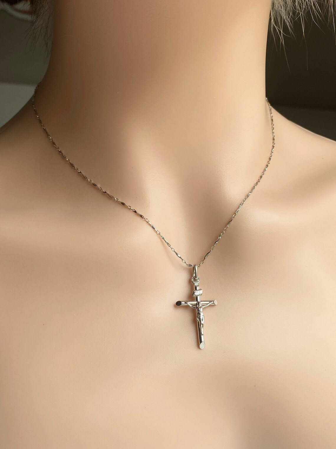 18K Cross Necklace White Gold Crucifix Pendant Cross Jewelry Etsy