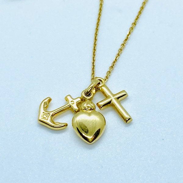 14K Heart Anchor Cross, 3 Virtues Necklace, Faith Charity Hope Pendant, Solid Italian Gold, Birthday Gift Women, Baby Baptism Gift