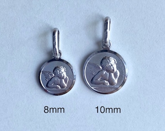 Guardian Angel Pendant, 10K Solid Round Angel, White Angel Charm, Religious Jewelry, Birthday Gift For Baby, New Born Gift, Baptism Gift