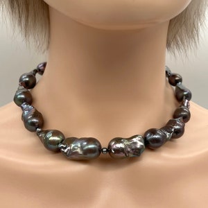 Black Baroque Pearl Necklace, Large Pearl Necklace with Sterling Silver Clasp, Statement Necklace, Birthday Gift for Wife, Jewelry for Woman