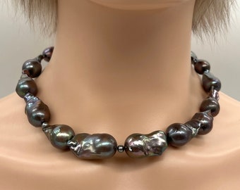 Black Baroque Pearl Necklace, Large Pearl Necklace With Sterling