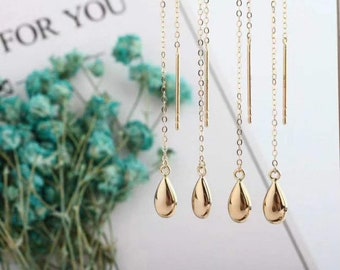 18K Teardrop Threader Earrings, Solid Gold Earrings, Long Dangle Drop Earrings, Birthday Gift for Women, Mother’s Day Gift, Presents