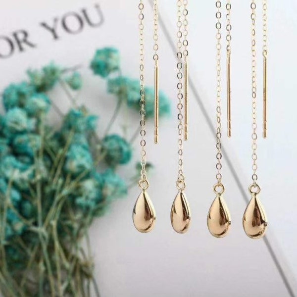 18K Teardrop Threader Earrings, Solid Gold Earrings, Long Dangle Drop Earrings, Birthday Gift for Women, Mother’s Day Gift, Presents