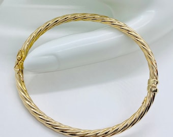 Gold Bangle Bracelet, 4MM, 10K Solid Gold Twist Bangle, Oval Swirl Bracelet, Birthday Gift for Women,