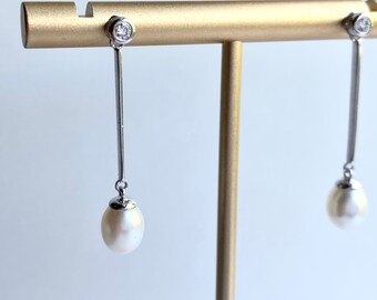 14K Gold Diamond Pearl Earrings, Freshwater Pearl Drop Earrings, June Birthstone, Birthday Gift for Women,