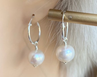 Natural Pearl Hoop Earrings, 10MM Freshwater Pearl Earrings, Pearl Jewelry Bride, Bridesmaid Gift, Birthday Gift Women,