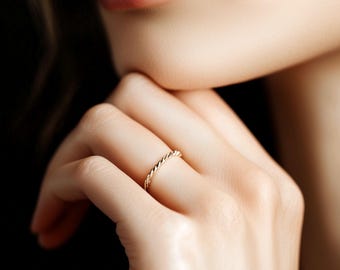 10K Solid Gold Thin Ring, 1mm Wedding Band, 1.25mm Twisted Gold Ring, Dainty Stackable Ring, Birthday Gift for Women,