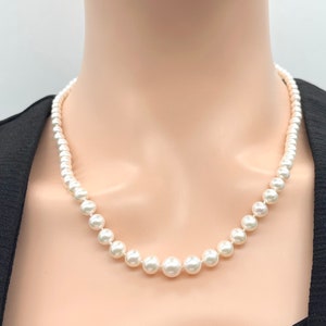 Graduated White Pearl Necklace, 14K Gold Clasp Freshwater Pearl Necklace, 4-9.5mm High Quality Cultured Pearl, Jewelry for Woman