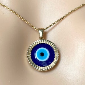 Evil Eye Gold Pendant, 14K Solid Gold Evil Eye Necklace, Protection Amulet, Birthday Gift for Women,