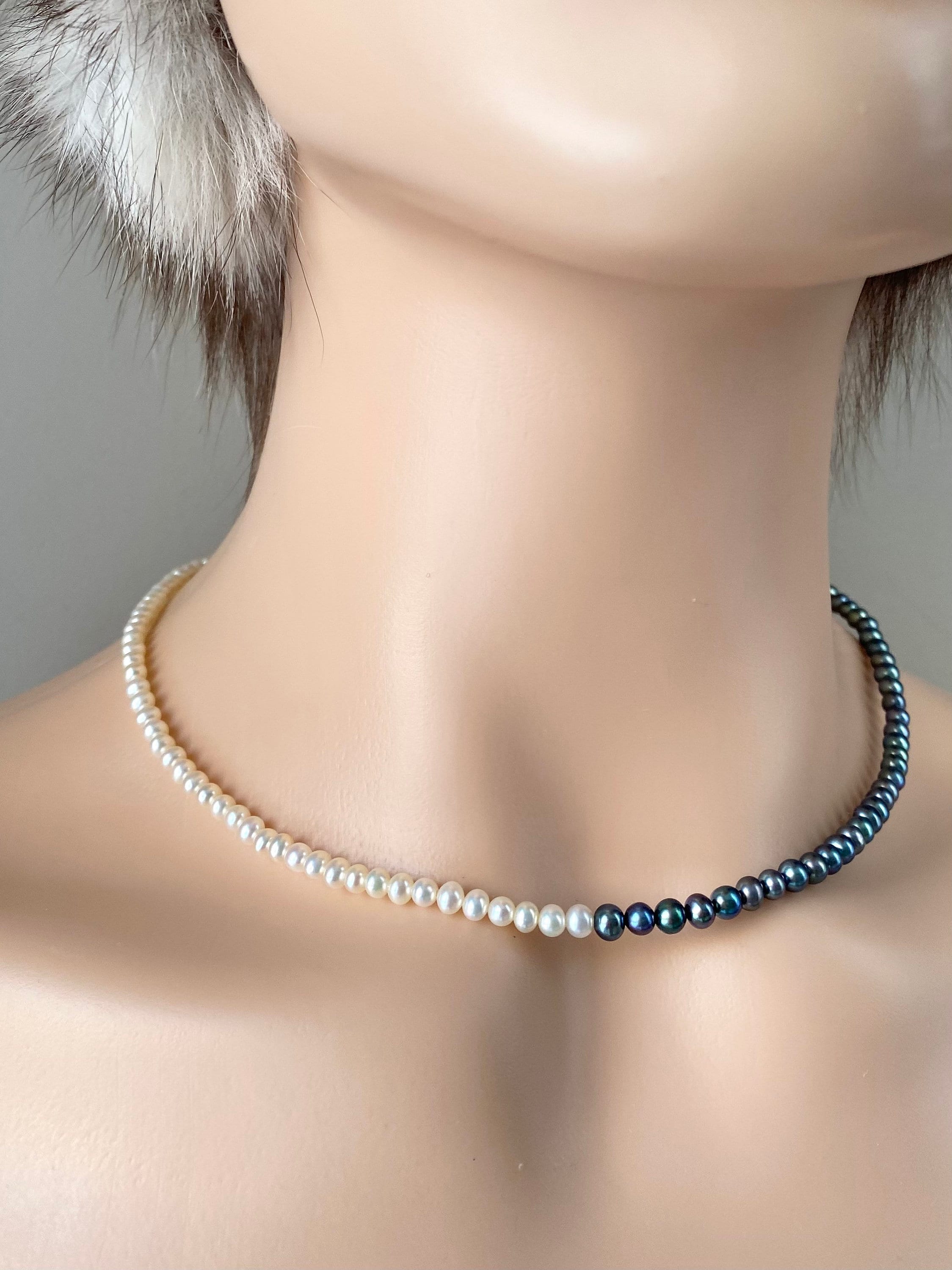 14K Black Pearl Necklace, 4mm Pearl Seed, Choker Necklace