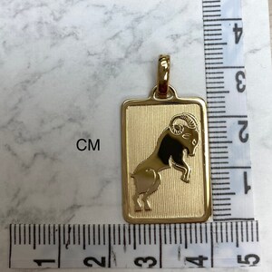 Pode incluir: Pingente dourado com uma representa&ccedil;&atilde;o detalhada do signo do zod&iacute;aco &Aacute;ries, um carneiro, em uma placa retangular. O pingente mede aproximadamente 2 cm de comprimento.