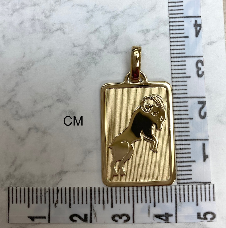 Pode incluir: Pingente dourado com uma representa&ccedil;&atilde;o detalhada do signo do zod&iacute;aco &Aacute;ries, um carneiro, em uma placa retangular. O pingente mede aproximadamente 2 cm de comprimento.