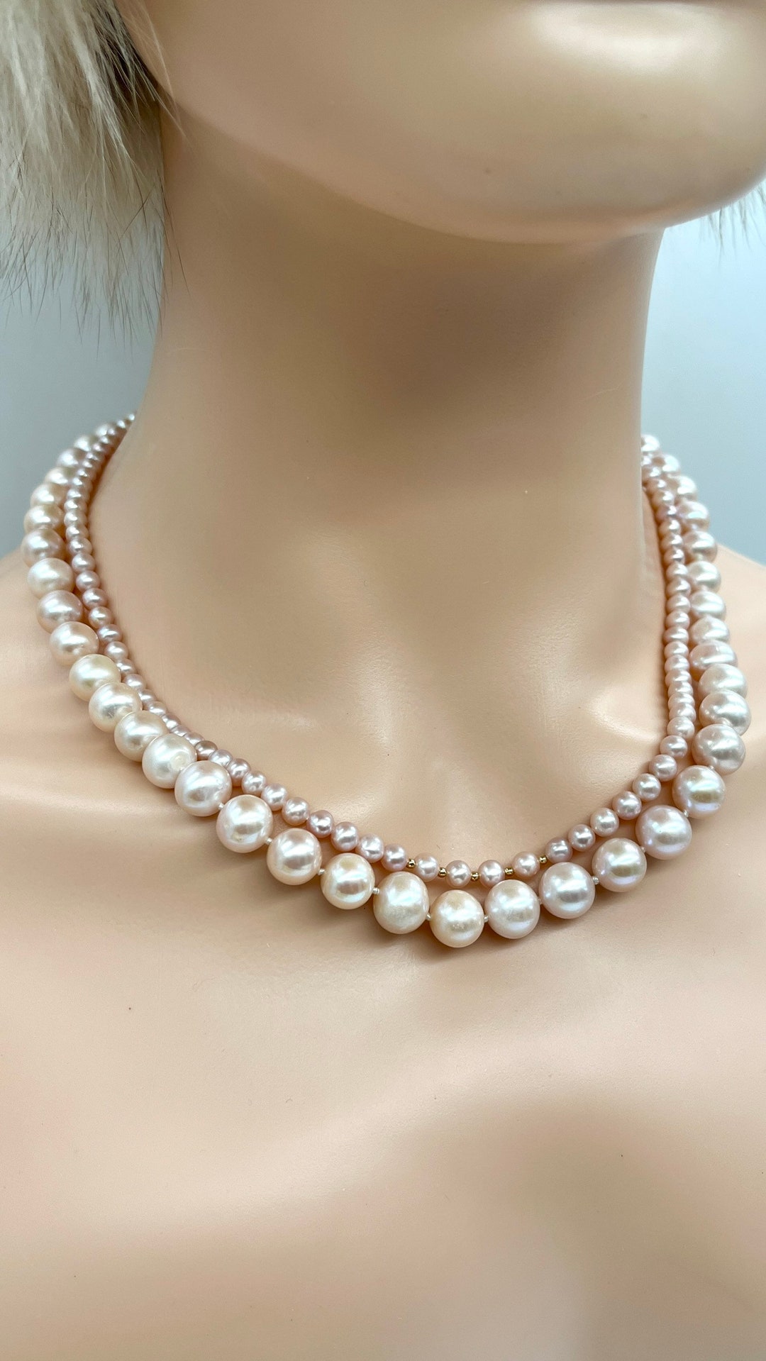 Pink Pearl Gold Necklace, 2 Row Pearl Necklace, Hand Knotted Pearl ...