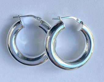 Hoop Earrings Silver, Snap Closure Thick Earrings, 925 Sterling Silver, Birthday Gift for Women, Mother’s Day Gift