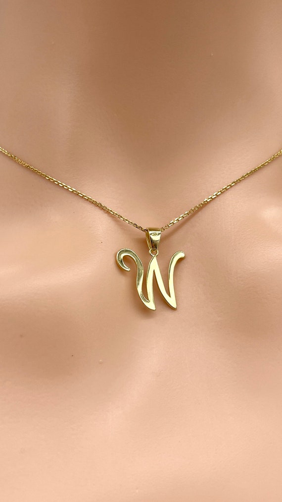 Letter W Gold Necklace 10K Script Font Pendant All Letters