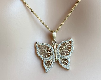 Butterfly Necklace Gold, 10K Solid Butterfly Pendant, Cubic Zirconia Pendant, Handmade Necklace, s for Women