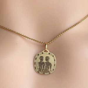 Gemini Zodiac Pendant, 18K Solid Yellow Gold Gemini Zodiac Sign Necklace, Laser Engraved Design, Perfect Birthday Gift for May 22-June 21