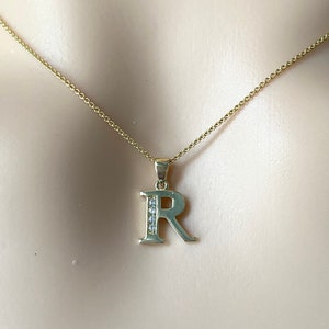 Colgante de oro con letra R, inicial de letra R de 10 quilates y 14 quilates con circonita cúbica, collar minimalista para mujer, regalo de cumpleaños para novia