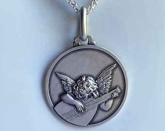 Angel Musician Necklace , 18MM, Angelo Musicante, The Playing Cherub Pendant, 925 Sterling Silver, Baby Baptism Gift, Birthday Gift for Baby