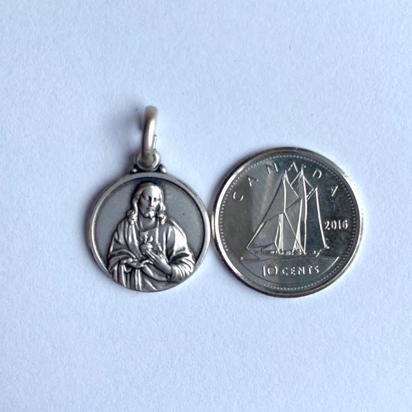 Sacred Heart of Jesus, Double Face Scapular, Round Religious Medal, Sterling Silver Charm, Virgin Mary Medal, Baby Baptism Gift