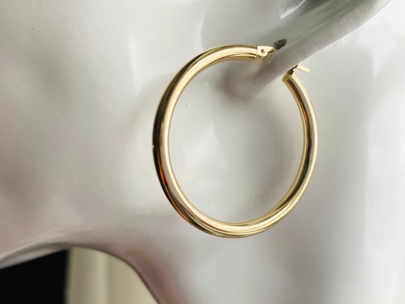3MM 10K 14K Solid Gold 30MM Round Tube Earrings Gold Hoop Earrings Lightweight Earrings Gift for Her