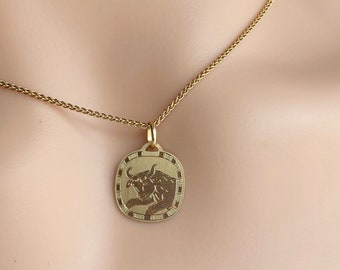 18K Taurus Zodiac Sign Pendant, Solid Gold Taurus Necklace, Laser Engraved Zodiac Sign, Birthday Gift for April 22- May21,