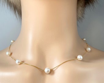 Pearl Necklace Solid Gold, 10K 14K 18K Box Italian Gold, Dainty Freshwater Pearl Necklace, Bridesmaid / Bride Necklace, Jewelry for Woman