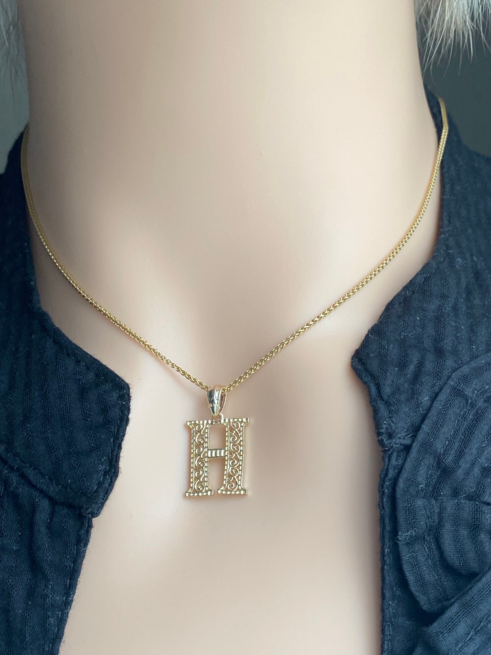 H Initial Pendant 10K Solid Gold Letter H Necklace Letter Etsy