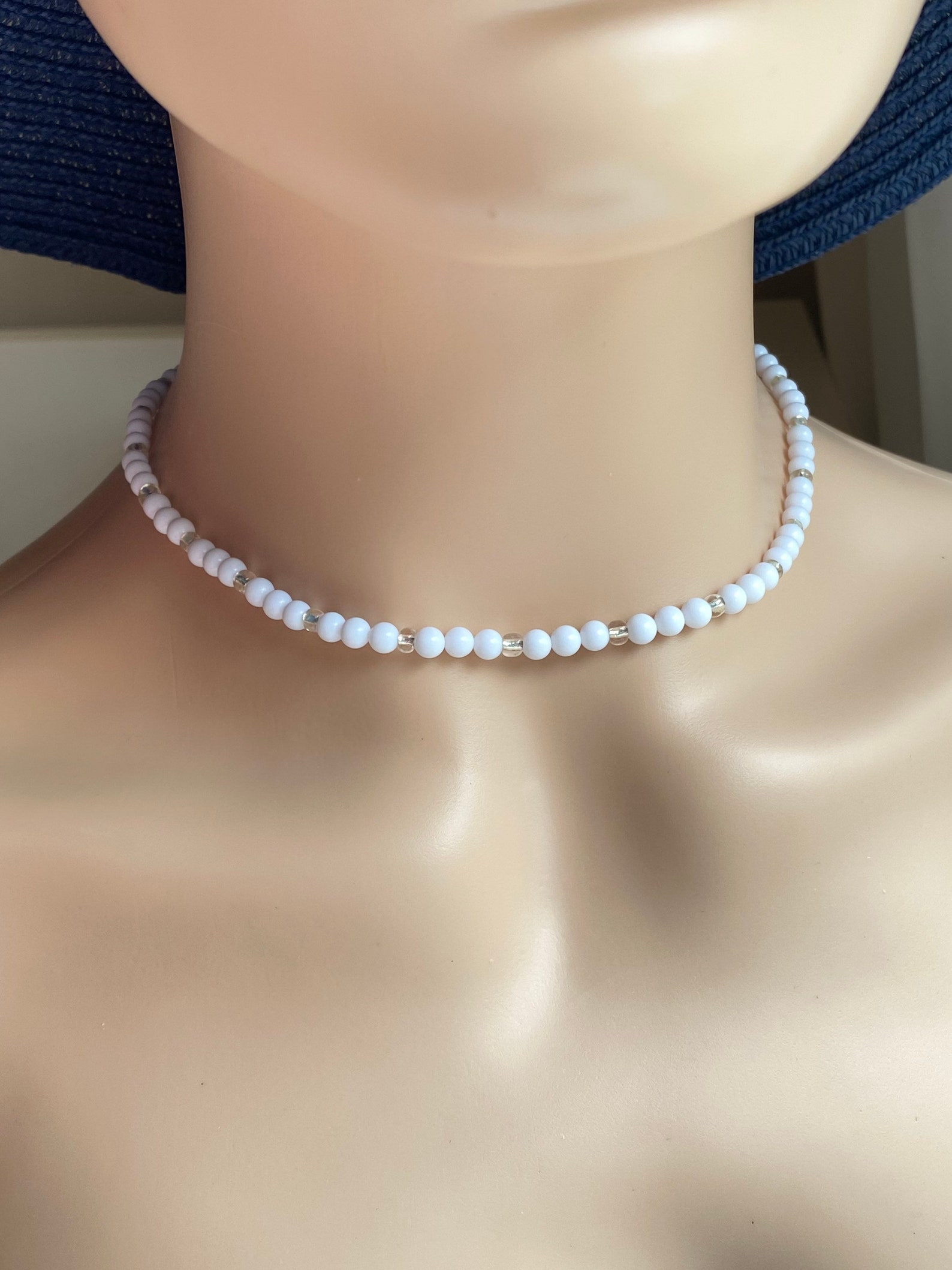White Beaded Necklace Summer White Necklace Chocker Etsy