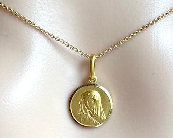 18K Gold Virgin Mary Pendant, 12mm, Gold Madonna Necklace, Gold
