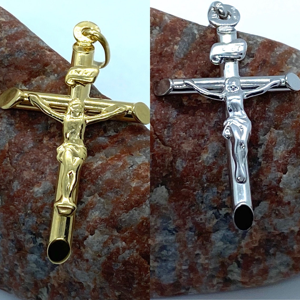 Jesus Kreuz Anhänger Silber 14K Gold Kruzifix Anhänger – Zweifarbig Gelb & Weiß, Religiöses Schmuckstück, Made In Italy Gold Kreuz 585 Herren