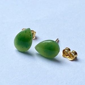 Teardrop Jade Stud Earrings, 14K Solid Gold Jade Earrings, Canadian Nephrite Jade, Birthday Gift for Women,