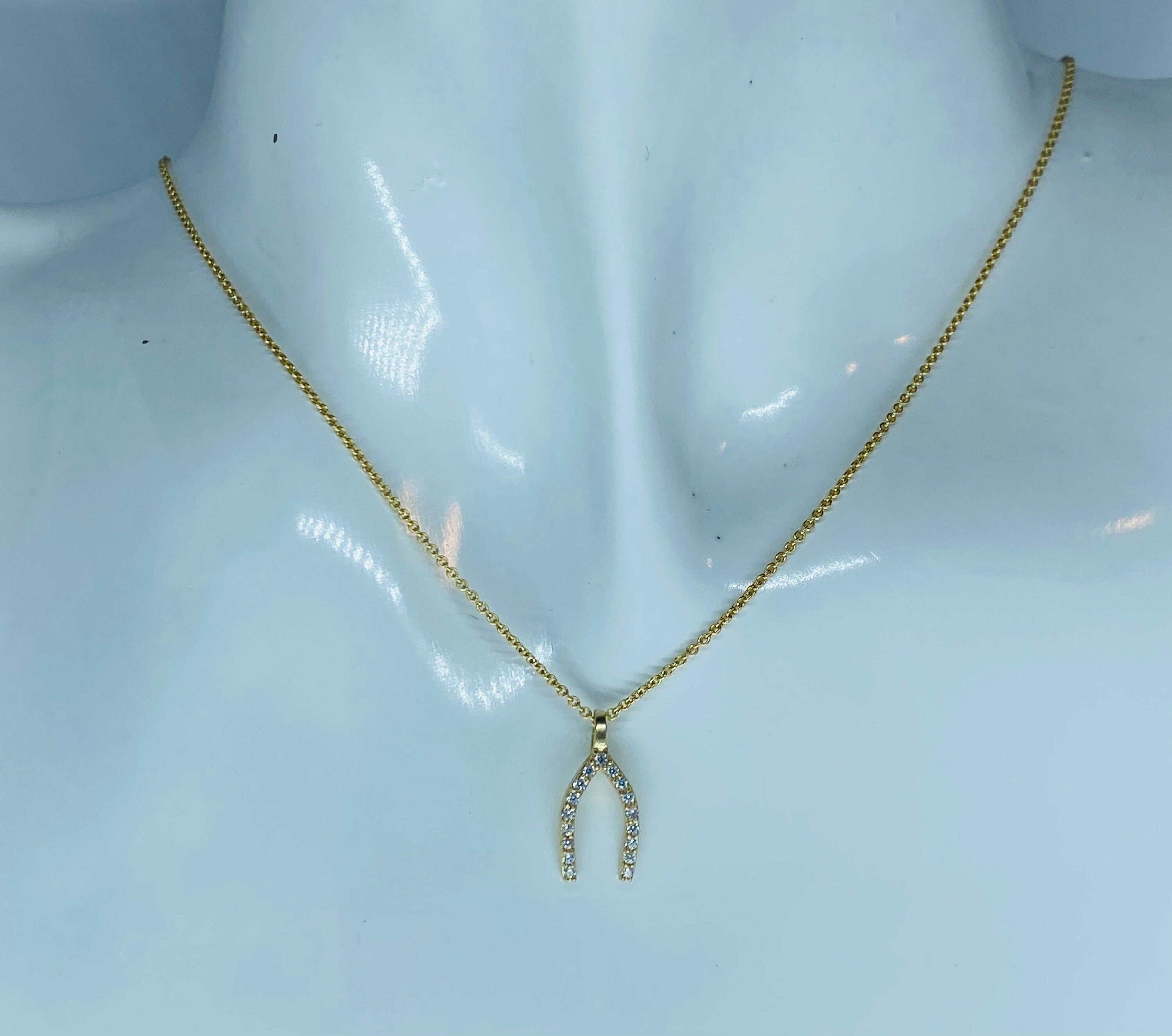 Wishbone Gold Pendant 10K Solid Gold Wishbone Necklace Cubic Etsy