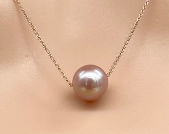 Pink Pearl Gold Necklace, 10K 14K 18K Single Floating Pearl Necklace, Birthday Gift for Women, Cancer Survivor Gift, Jewelry for Woman