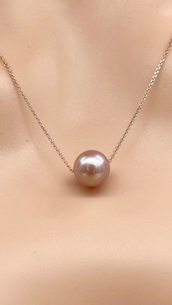 Pink Pearl Gold Necklace, 10K 14K 18K Single Floating Pearl