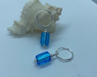Dangle Hoop Earrings, Sterling Silver Murano Beads Earrings, Aquamarine Blue Earrings, Birthday Gift for Her,