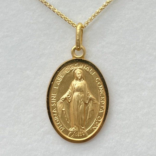 Notre-Dame du Miraculeux, 21 mm, médaille religieuse en or massif 10 carats 14 carats 18 carats, pendentif Vierge Marie, collier maman Marie, cadeau d'anniversaire pour femme