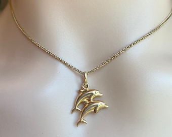 Gold Dolphin Pendant, 10K Double Dolphin Necklace, Gift for Animal Lover, Aquatic Creature, Birthday Gift for Her,