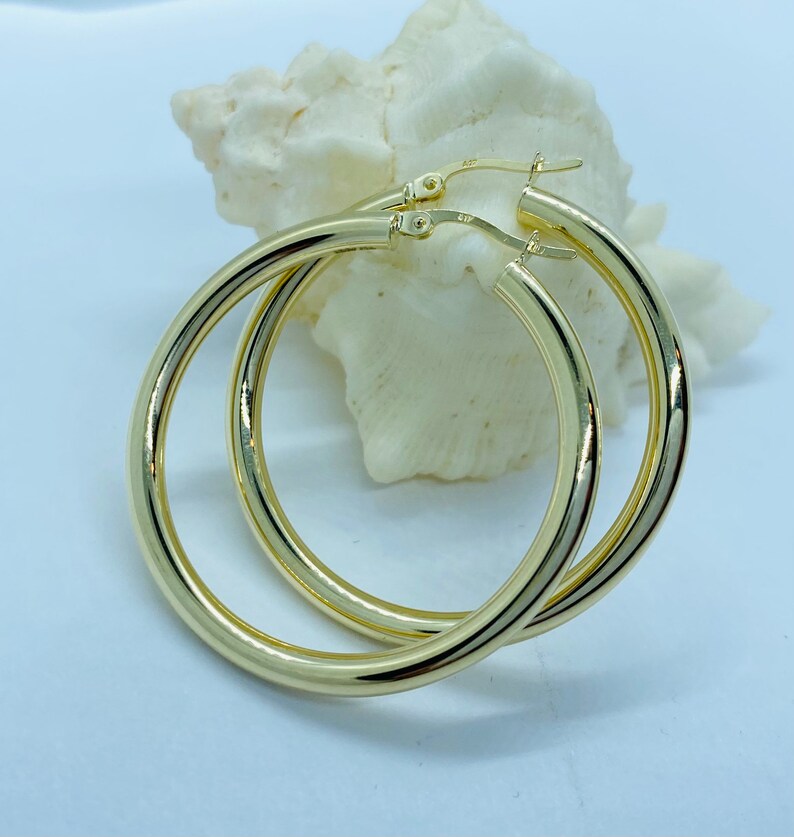 3MM 10K 14K Solid Gold 30MM Round Tube Earrings Gold Hoop Earrings Lightweight Earrings Gift for Her