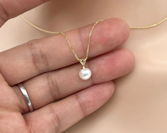 Akoya Sea Pearl Necklace, 14K Solid Gold, 6mm Beautiful Akoya Pearl, Minimalist, Birthday Gift for Women, Bridesmaid Gift, Mother’s Day Gift