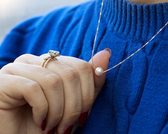 Akoya Pearl Gold Necklace, 10K 14K 18K, 6.5mm Floating Pearl Necklace, Birthday Gift for Women, Christmas Gift