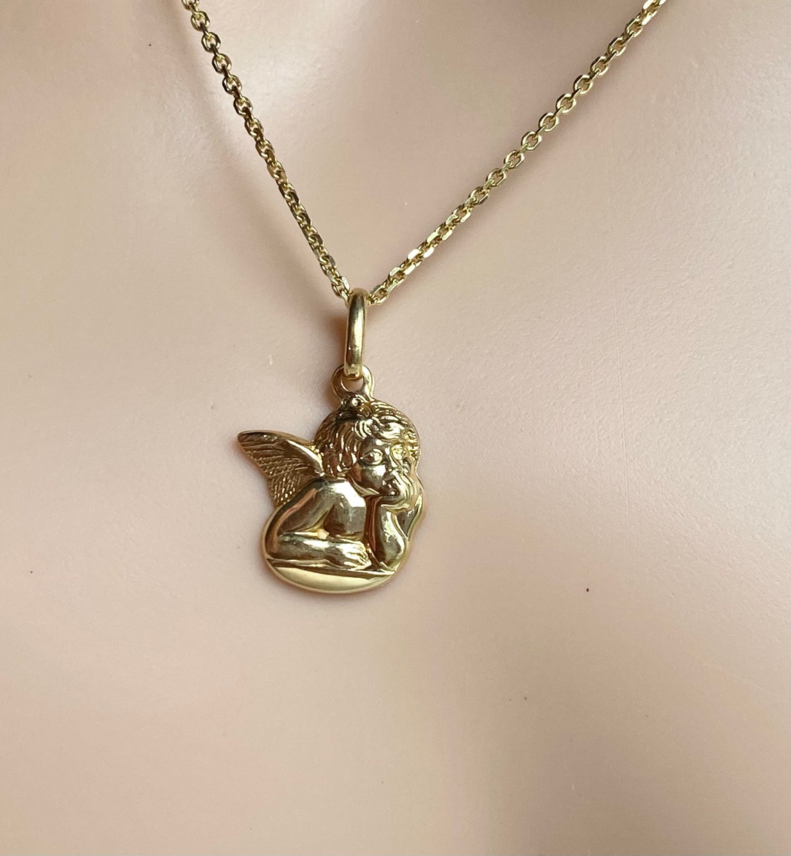 Gold Angel Pendant 18K Solid Gold Angel Necklace 3D Design Etsy